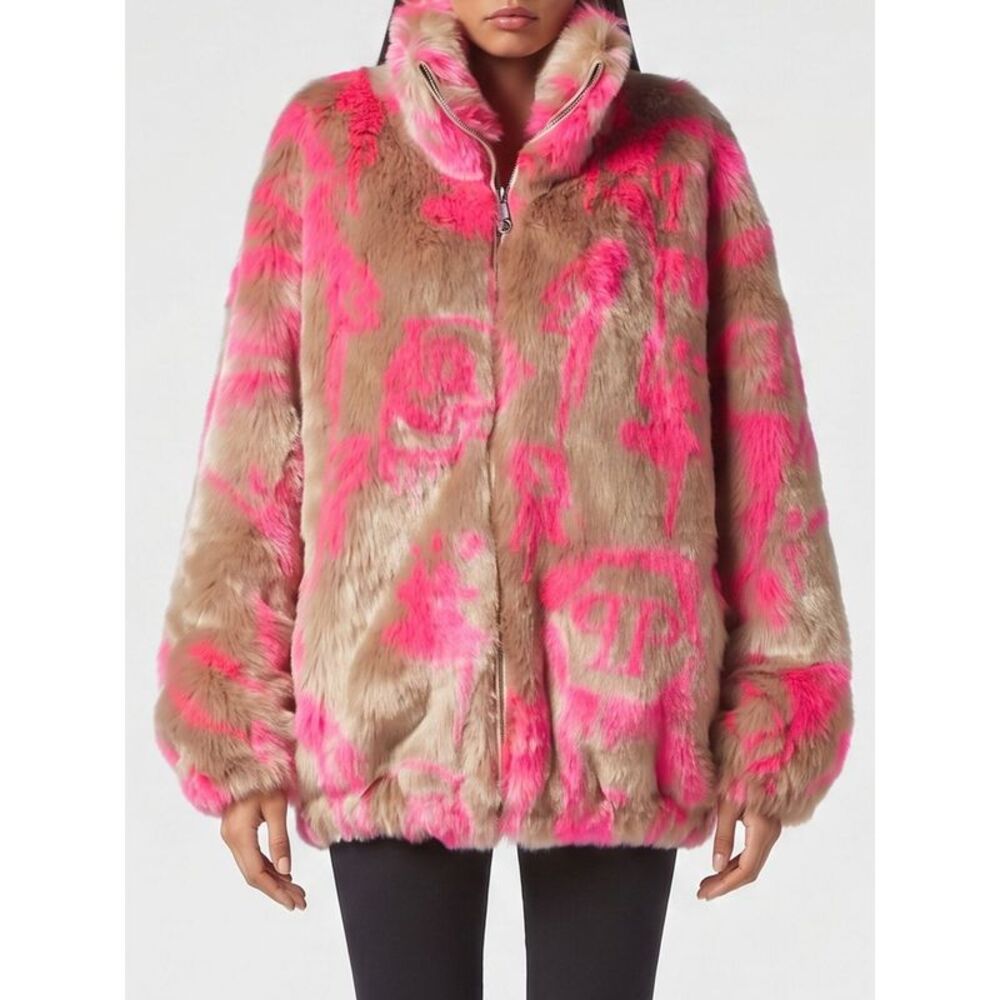Philipp Plein Graphic Print Cropped Faux Fur Jacket With High Neck